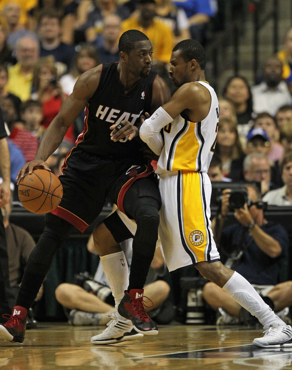 INDIANAPOLIS, IN - MAY 20: Dwyane Wade #3 of the Miami Heat moves against Leandro Barbosa #28 of the Indiana Pacers in Game Four of the Eastern Conference Semifinals in the 2012 NBA Playoffs at Bankers Life Fieldhouse on May 20, 2012 in Indianapolis, Indiana. NOTE TO USER: User expressly acknowledges and agrees that, by downloading and/or using this photograph, User is consenting to the terms and conditions of the Getty Images License Agreement. (Photo by Jonathan Daniel/Getty Images)