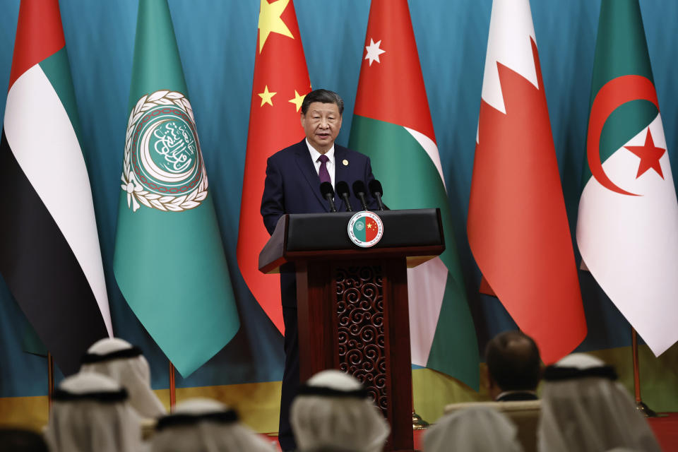 Chinese President Xi Jinping delivers a speech at the opening ceremony of the 10th ministerial meeting of the China-Arab States Cooperation Forum at the Diaoyutai State Guesthouse in Beijing Thursday, May 30, 2024. (Tingshu Wang/Pool Photo via AP)