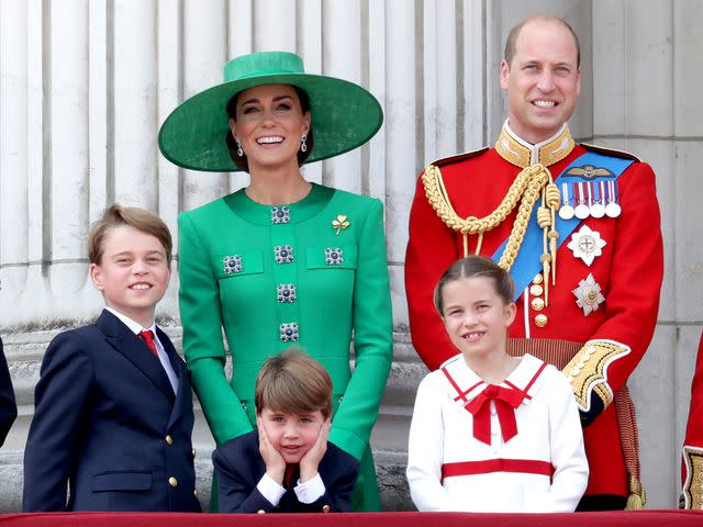 <p>Chris Jackson/Getty</p> Back row from left: Kate Middleton and Prince William with (back row from left) Prince George, Prince Louis and Princess Charlotte at Trooping the Colour in June 2023