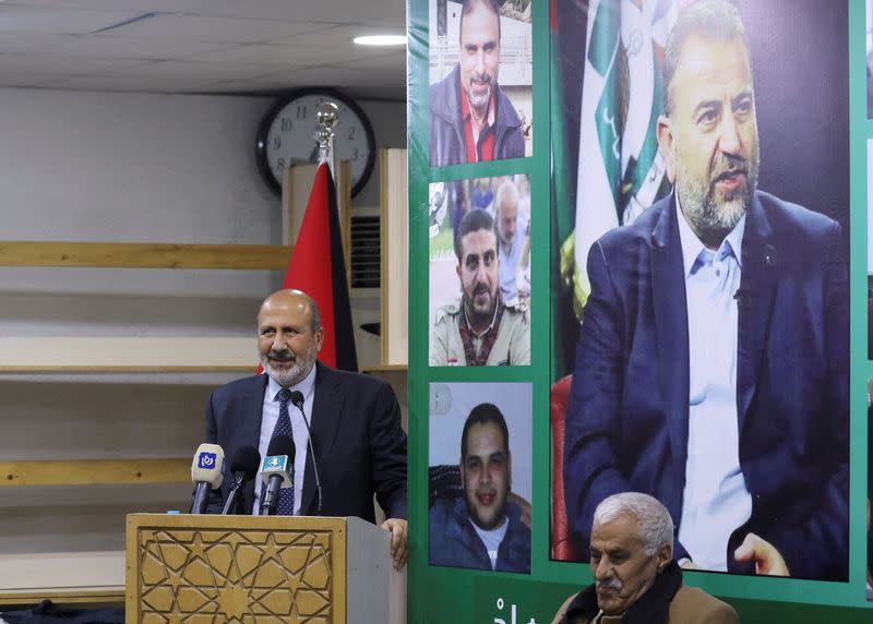 FILE PHOTO: Murad Al-Adaileh, Secretary-General of the Islamic Action Front, speaks at the headquarters of Jordan's Islamic Action Front, in Amman