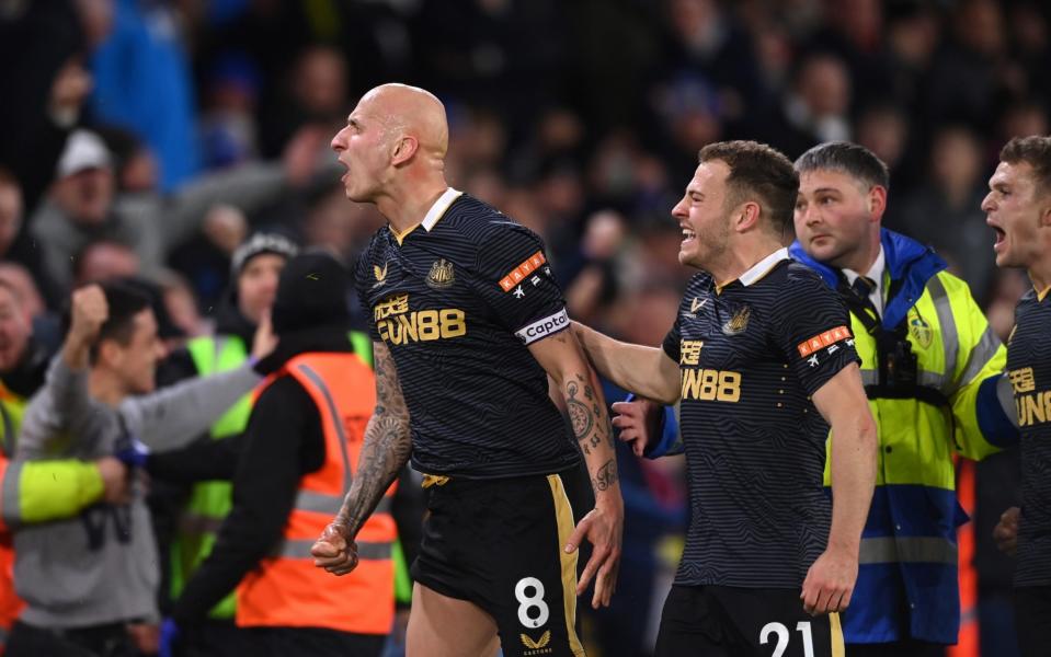 Jonjo Shelvey of Newcastle celebrates his goal during the Premier League match between Leeds United and Newcastle United at Elland Road on January 22, 2022 in Leeds, England - Getty Images Europe