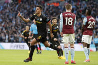 Manchester City's Rodrigo celebrates after scoring his side's second goal during the League Cup soccer match final between Aston Villa and Manchester City, at Wembley stadium, in London, England, Sunday, March 1, 2020. (AP Photo/Alastair Grant)