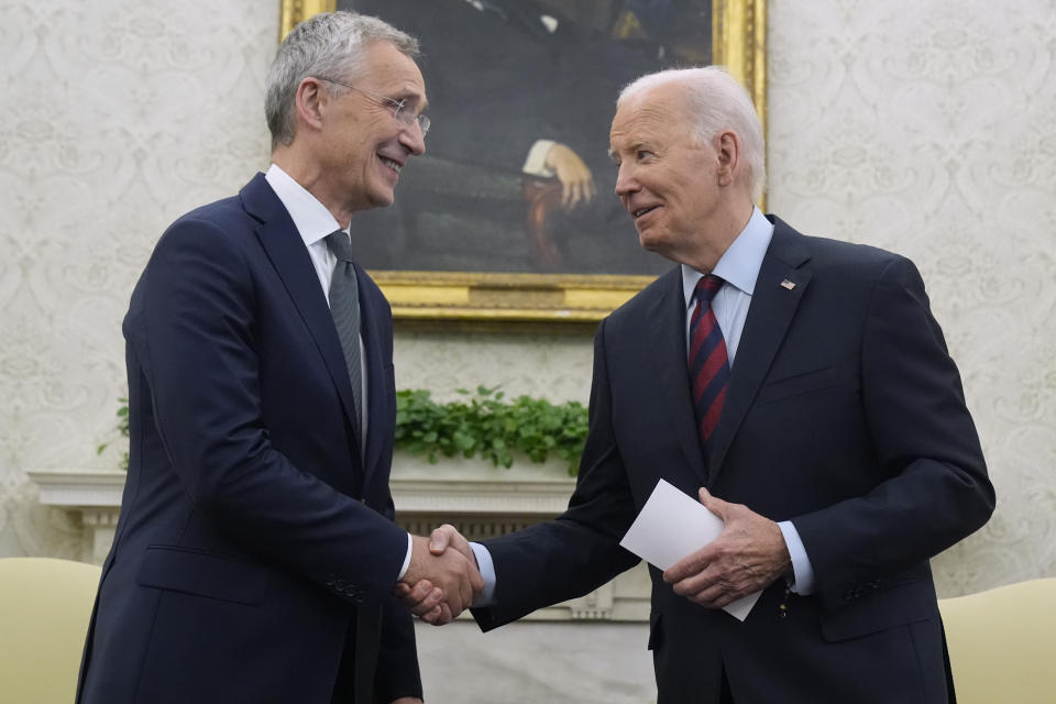 President Joe Biden meets with NATO Secretary General Jens Stoltenberg in the Oval Office at the White House, Monday, June 17, 2024. (AP Photo/Mark Schiefelbein)