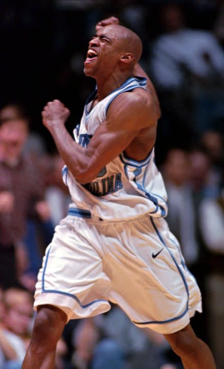 North Carolina’s Vince Carter celebrates near the end of the Tar Heels’ 97-73 win over Duke Thursday, Feb. 5, 1998, in Chapel Hill, N.C.(AP Photo/Bob Leverone)