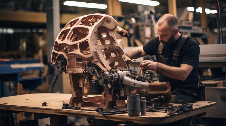 A carpenter assembling an automotive seating system, using components, frames and mechanisms.