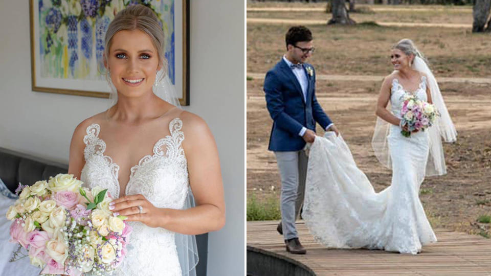 Jockey Mikaela Claridge (left) on her wedding day with her new husband Jamie Ferguson (right).