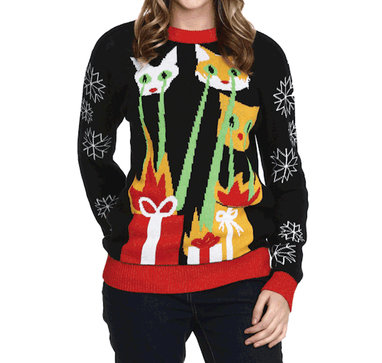 Here is a sweater featuring a detailed intarsia graphic of cats who are setting Christmas presents ablaze with lasers emitting from their eyes. 