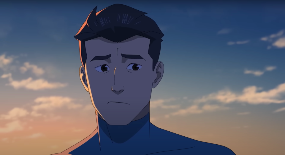 a still of the animated character mark, a young man with dark hair and eyes, in season 2 of the tv series invincible