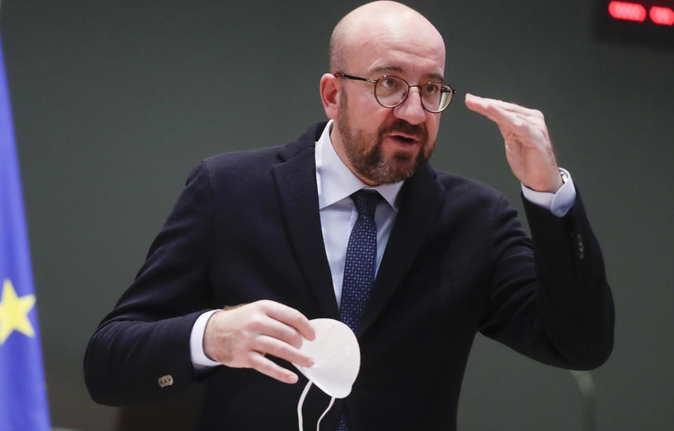 European Council President Charles Michel speaks as he takes part in an EU Summit, via videoconference link, at the European Council building in Brussels, Thursday, Feb. 25, 2021. European Union leaders are gathering Thursday, via videoconference link, to try to inject new energy into the 27-nation bloc's lagging coronavirus vaccination effort as concern mounts that new variants might spread faster than authorities can adapt. (Olivier Hoslet, Pool via AP)