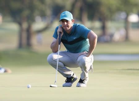 Jul 29, 2016; Springfield, NJ, USA; PGA golfer Rory McIlroy lines up a putt on the 17th hole during the second round of the 2016 PGA Championship golf tournament at Baltusrol GC - Lower Course. Mandatory Credit: Brian Spurlock-USA TODAY Sports