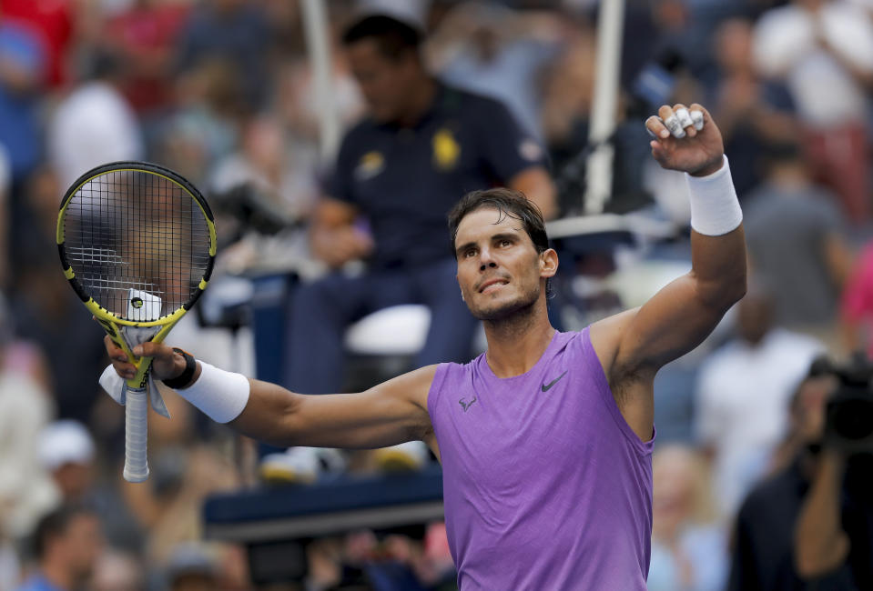 Rafael Nadal, of Spain, reacts to the crowd after defeating Hyeon Chung, of South Korea, during round three of the US Open tennis championships Saturday, Aug. 31, 2019, in New York. (AP Photo/Eduardo Munoz Alvarez)