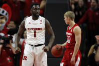 Rutgers forward Akwasi Yeboah (1) reacts after making a basket in front of Nebraska guard Charlie Easley (30) during the first half of an NCAA college basketball game Saturday, Jan. 25, 2020, in Piscataway, N.J. (AP Photo/Adam Hunger)