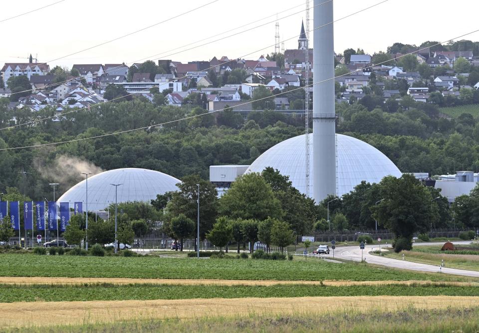 File A view of the Neckarwestheim nuclear power plant on June 27, 2022. Rising concern over the impact of a potential Russian gas cutoff is fueling an intensifying debate in Germany over whether the country should switch off its last three nuclear power plants as planned at the end of this year. (Bernd Weissbrod/dpa via AP, file)