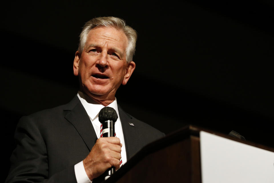 Former Auburn football coach Tommy Tuberville speaks to supporters, Tuesday, July 14, 2020, in Montgomery, Ala. Tuberville’s quest for a seat in the U.S. Senate is powered by the reputation he gained as Auburn University’s football coach, where he led the team to an undefeated season. But in the years since, the Republican has been mired in business failings, a lawsuit and even a questionable charity that raises money but gives very little away. (AP Photo/Butch Dill)