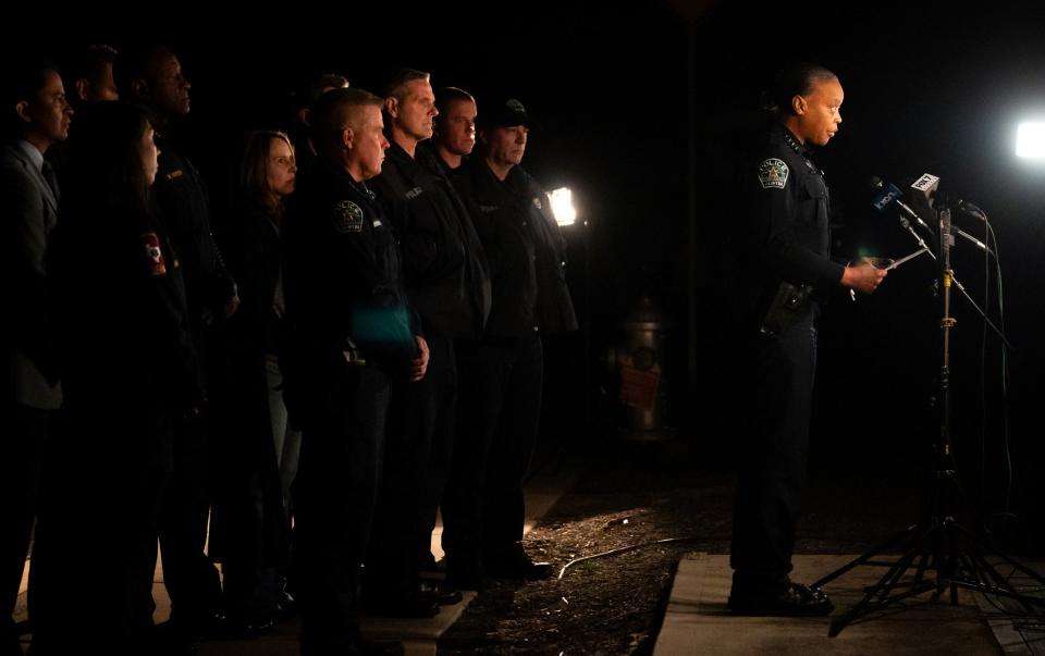 Austin Interim Police Chief Robin Henderson speaks at a media briefing in Austin, Texas early Wednesday Dec. 6, 2023. Te... (©Sara Diggins/American-Statesman)