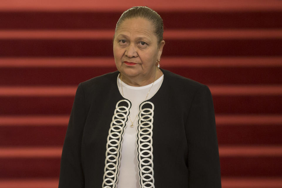 FILE - Attorney General Consuelo Porras attends her swearing-in ceremony at the National Palace in Guatemala City, May 16, 2018. Guatemala’s new President Bernardo Arévalo said he will plan a meeting with Porras in the third week of January 2024 and ask her to resign. (AP Photo/Luis Soto, File)