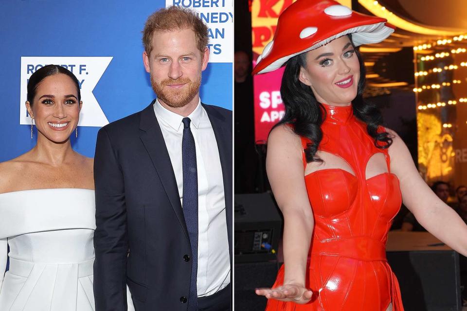 <p>Mike Coppola/Getty, ACES / BACKGRID</p> Meghan Markle, Prince Harry and Katy Perry