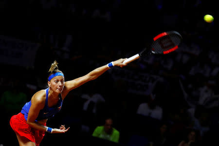 Tennis - Fed Cup - World Group Semi Final - Germany vs Czech Republic - Porsche Arena, Stuttgart, Germany - April 22, 2018 Czech Republic’s Petra Kvitova in action during her singles match against Germany’s Angelique Kerber REUTERS/Kai Pfaffenbach