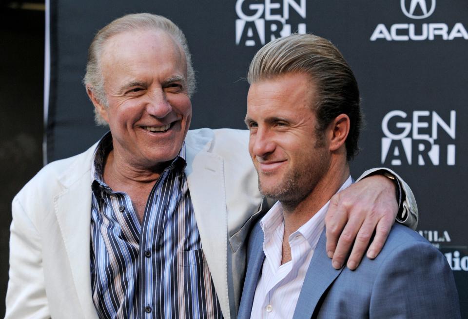 Scott Caan, right, writer/producer/star of the film "Mercy," poses with his father, fellow cast member James Caan, at the premiere of the film "Mercy" in Los Angeles, Monday, May 3, 2010.