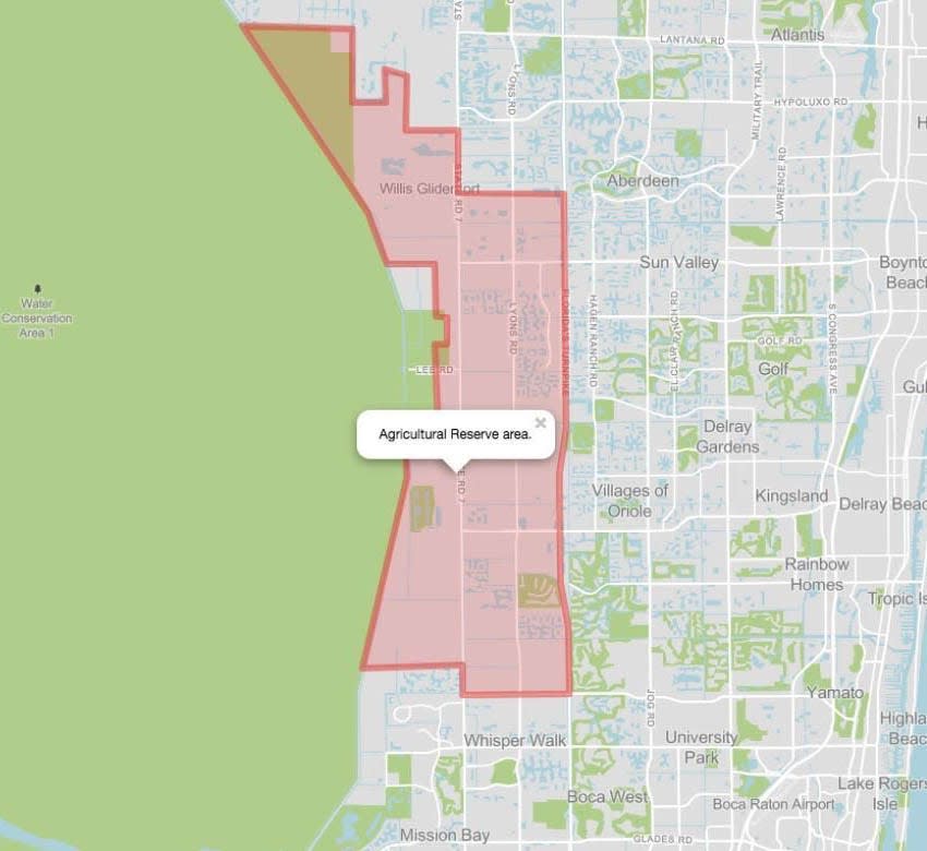 The Agricultural Reserve area runs from west of Lantana to west of Boca Raton.