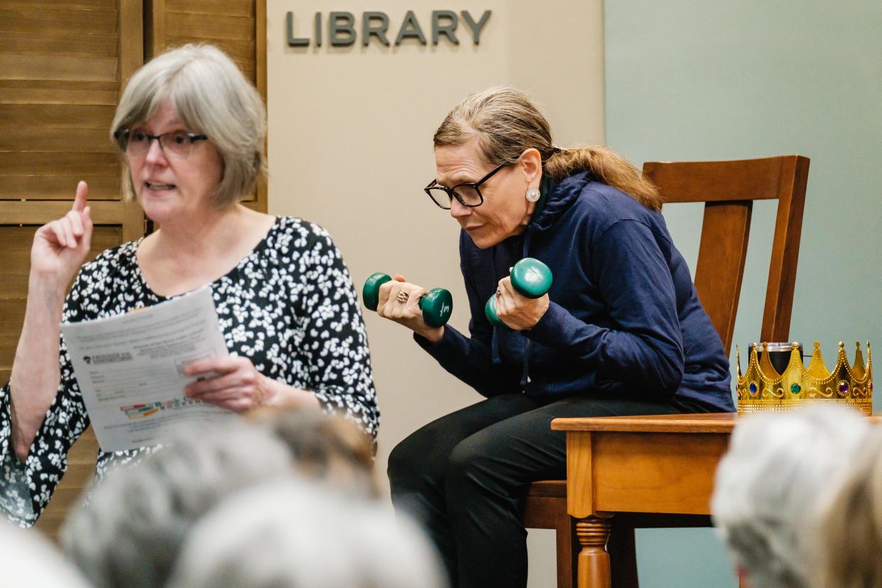 Actress Juliette Regnier portrays former U.S. Supreme Court Justice Ruth Bader Ginsburg at the Dover Public Library. Regnier's interpretation revolved around concepts related to gender equality. She is a member of Women in History Ohio, founded in 1991, and "dedicated to the education of all people, regardless of age, race or socio-economic status through the dramatic recreation of the lives of notable women in history." Pictured at left giving the program introduction is Sherrel Rieger, the library's adult programming specialist.