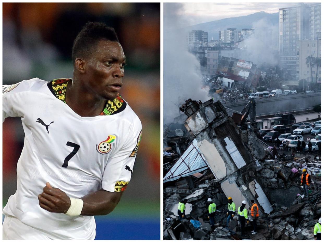 Ghanaian soccer star Christian Atsu (left) was found alive after being buried in rubble by the massive earthquake in Turkey