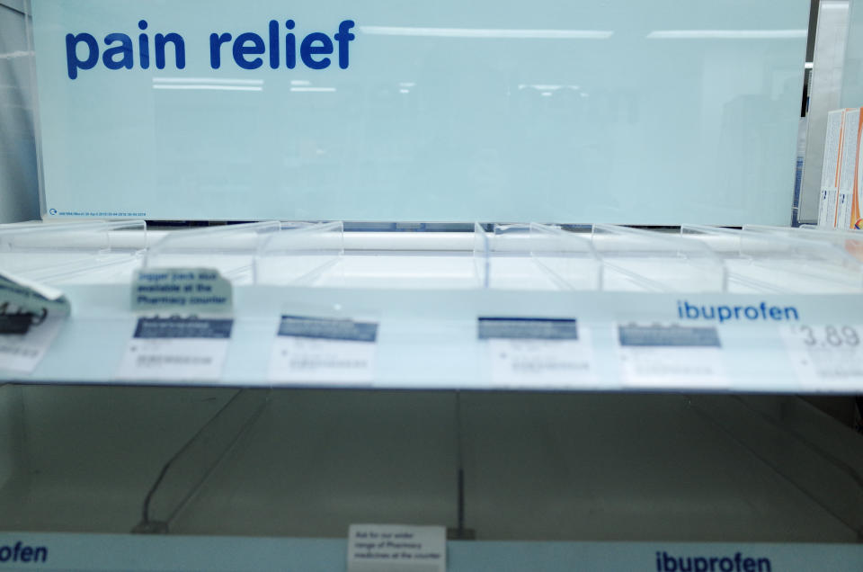 Empty shelves usually stocked with pain relief medication are seen at a branch of Boots chemist in Paddington Station in London, England, on March 14, 2020. Around the country, covid-19 coronavirus fears continue to escalate, with 1,140 UK cases now confirmed and 21 deaths. British Prime Minister Boris Johnson has meanwhile come under pressure for not following other countries in imposing severe restrictions such as school closures or, as is set to happen in Spain from Monday, a lockdown of people in their homes. (Photo by David Cliff/NurPhoto via Getty Images)