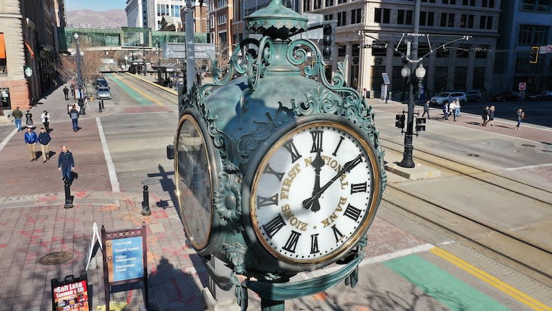The Zions Bank clock on Main Street in Salt Lake City on Tuesday, Feb. 8, 2022. Rep. Celeste Maloy, R-Utah, would like states to be able to observe daylight saving time year-round.