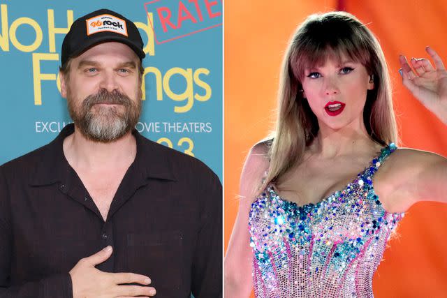 <p>Dia Dipasupil/Getty, Kevin Mazur/Getty</p> David Harbour and Taylor Swift