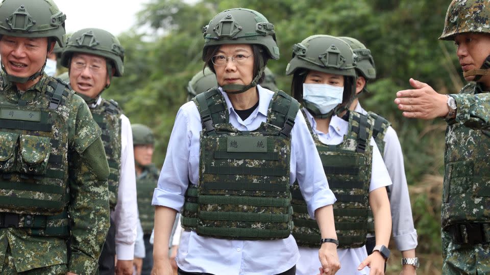Taiwan President Tsai inspects reservists at a training session at a military base in Taoyuan on May 11, 2023. - Jameson Wu/AFP/Getty Images
