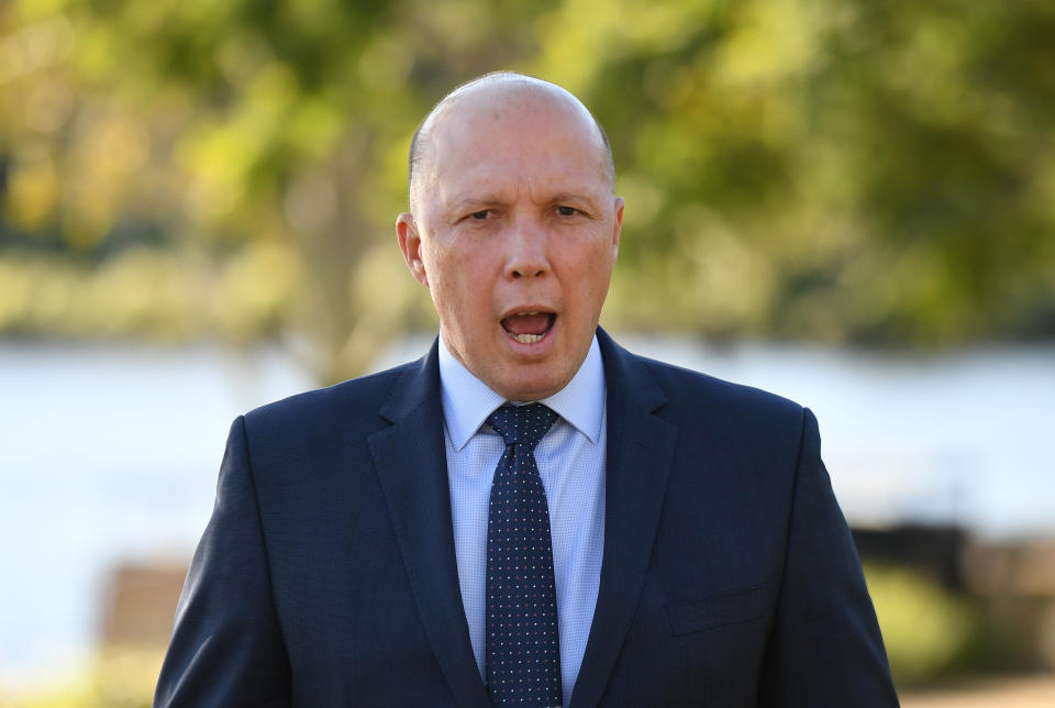 Minister for Home Affairs Peter Dutton speaks to the media in Brisbane.