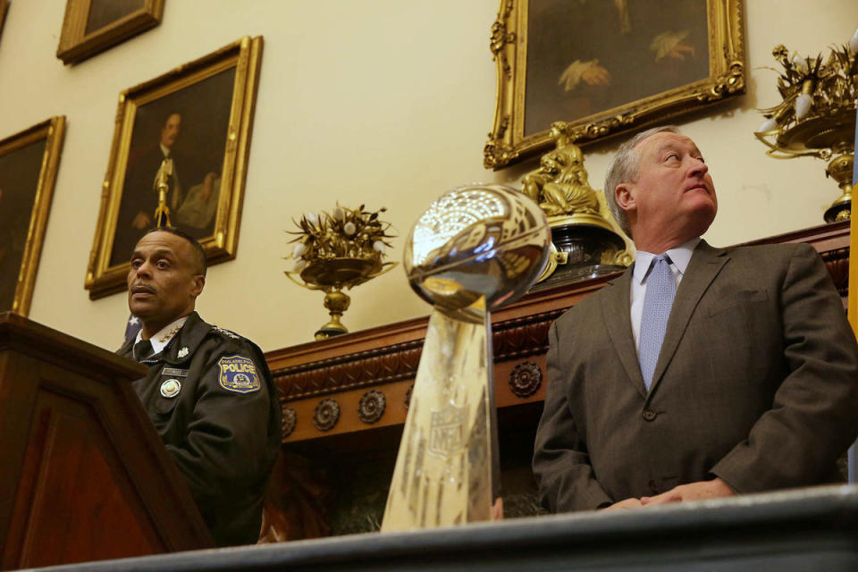 <span class="icon icon--xs icon__camera">  </span> <span class="credit font--s-m upper black"> <b>DAVID MAIALETTI / Staff Photographer</b> </span> <div class="caption space-half--right font--s-m gray--med db"> Philadelphia Police Commissioner Richard Ross and Mayor Kenney address media questions during a City Hall news conference regarding the upcoming Super Bowl victory parade in the city on Thursday, Feb. 8, 2018. </div>