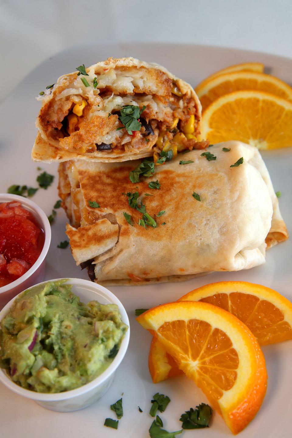 A breakfast burrito with house-made vegan chorizo is on the brunch menu at plant-based Lafayette Place on the east side.