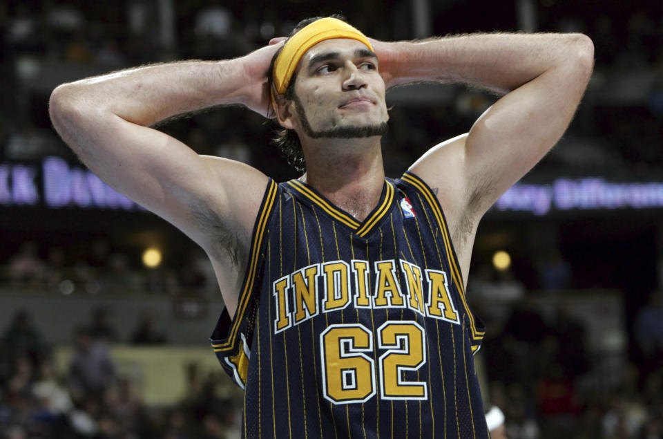 FILE - Indiana Pacers center Scot Pollard reacts as time runs out in the Pacers' 96-87 loss to the Denver Nuggets, Thursday, March 3, 2005 in Denver. Pollard was admitted to intensive care this week, where he waits for a heart transplant. He was admitted to intensive care at the Vanderbilt University Medical Center on Tuesday, Feb. 6, 2024 and he will wait there until a donor surfaces who was big enough to be a match. (AP Photo/David Zalubowski, File)