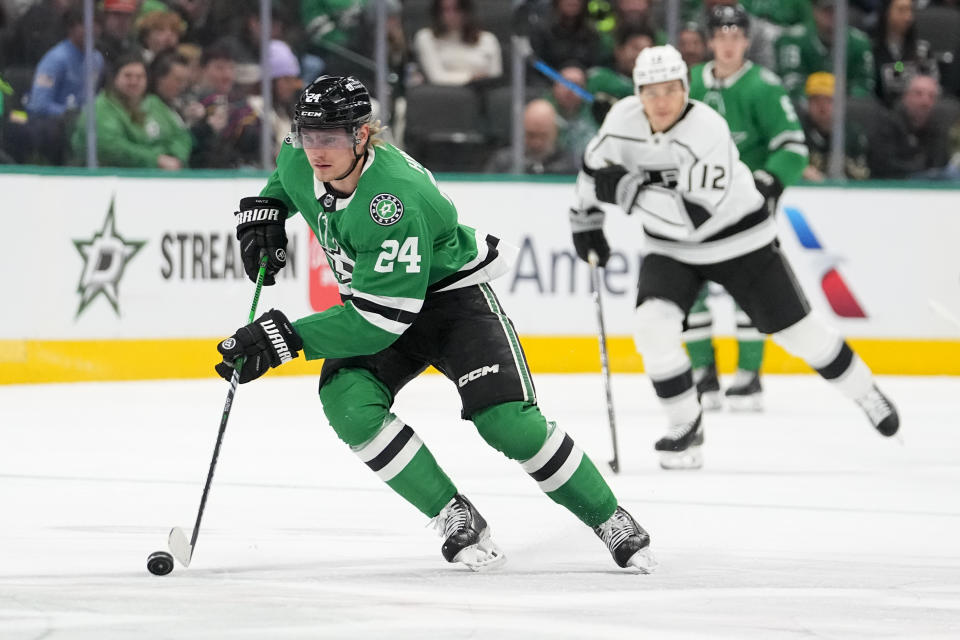 Dallas Stars center Roope Hintz (24) skates against the Los Angeles Kings during the first period of an NHL hockey game, Tuesday, Jan. 16, 2024, in Dallas. (AP Photo/Julio Cortez)