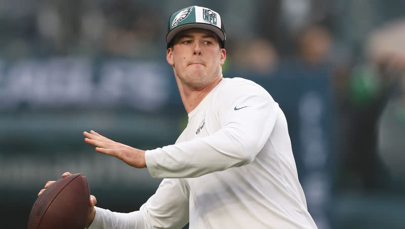 Philadelphia Eagles quarterback Tanner McKee (19) warms up before a game against the San Francisco 49ers, Dec, 3, 2023. The former Stanford QB and Latter-day Saint missionary is excited for the Eagles’ season opener in Brazil, for fairly obvious reasons.