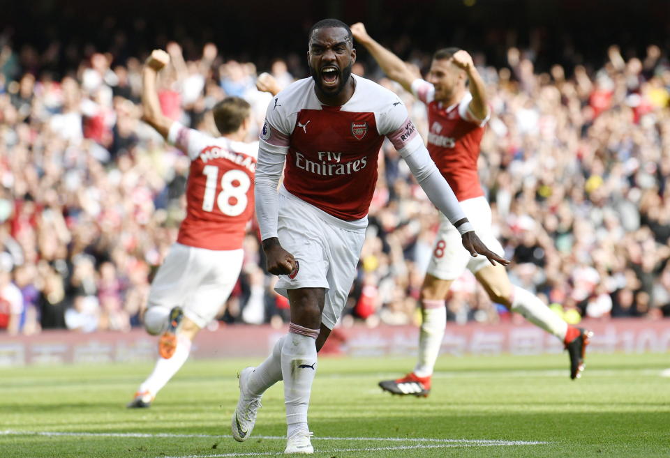 Arsenal’s Alexandre Lacazette reacts after West Ham’s Issa Diop scores an own goal