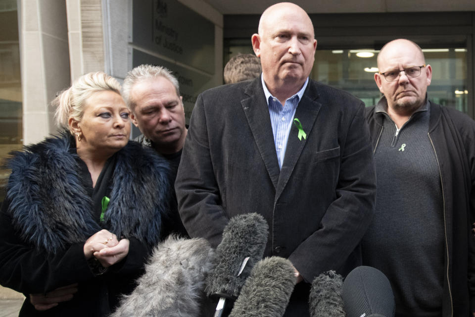 File photo dated 20/12/19 of the family of Harry Dunn (left to right) mother Charlotte Charles, stepfather Bruce Charles, family spokesman Radd Seiger and father Tim Dunn. Harry Dunn's parents have dropped their legal claim against Northamptonshire Police after concluding the force are "absolved of any blame" following their son's death.