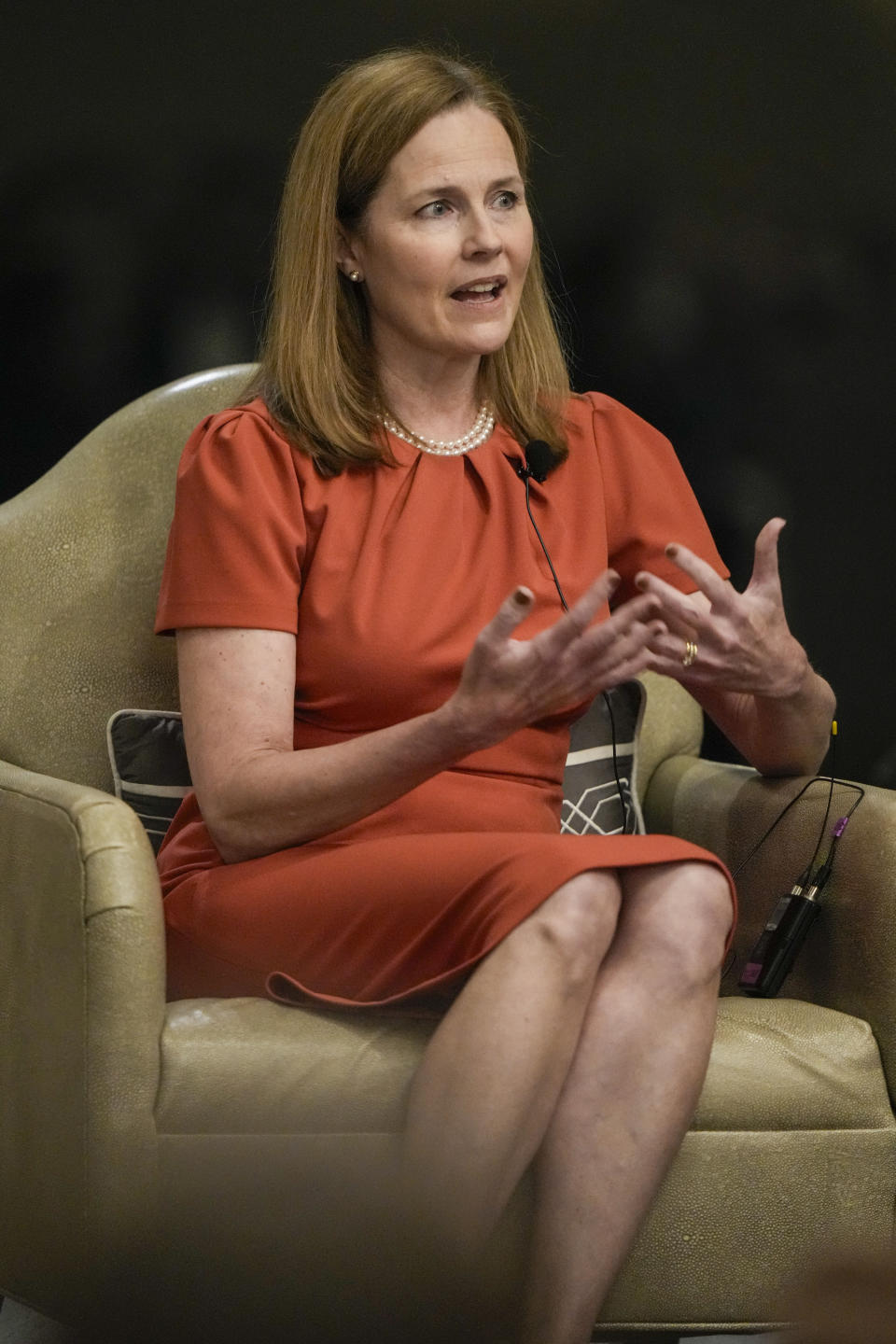 Supreme Court Associate Justice Amy Coney Barrett speaks during the Seventh Circuit Judicial Conference Monday, Aug. 28, 2023, in Lake Geneva, Wis. (AP Photo/Morry Gash)