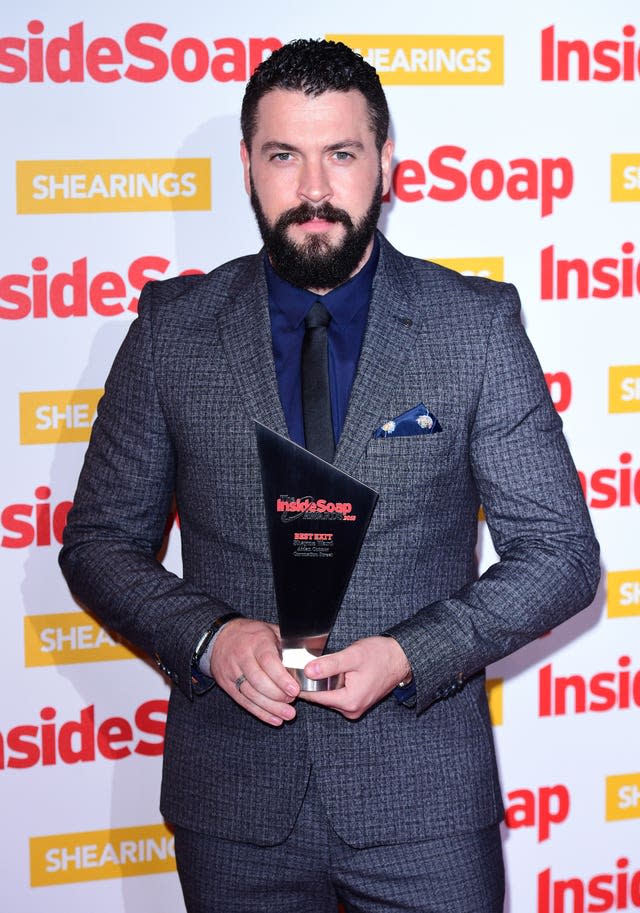 Shayne Ward with his best exit award attending the Inside Soap Awards 2018