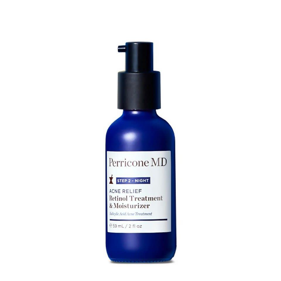 <p>Short on time? Opt for this 2-in-1 cream, which boasts retinol to get rid of excess oil and heal breakouts and citrulline to hydrate and protect the skin.</p><p><strong>Perricone MD </strong>Acne Relief Retinol Treatment & Moisturizer, $45, ulta.com. </p><p><a class="link " href="https://go.redirectingat.com?id=74968X1596630&url=https%3A%2F%2Fwww.ulta.com%2Facne-relief-retinol-treatment-moisturizer&sref=https%3A%2F%2Fwww.harpersbazaar.com%2Fbeauty%2Fskin-care%2Fg11653081%2Fbest-acne-products%2F" rel="nofollow noopener" target="_blank" data-ylk="slk:SHOP;elm:context_link;itc:0;sec:content-canvas">SHOP</a><br></p>