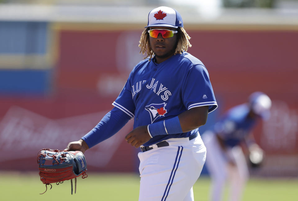 Toronto Blue Jays third baseman Vladimir Guerrero Jr. during the second inning of a spring training baseball game against the Philadelphia Phillies Wednesday, March 6, 2019, in Dunedin, Fla. (AP Photo/Chris O'Meara)