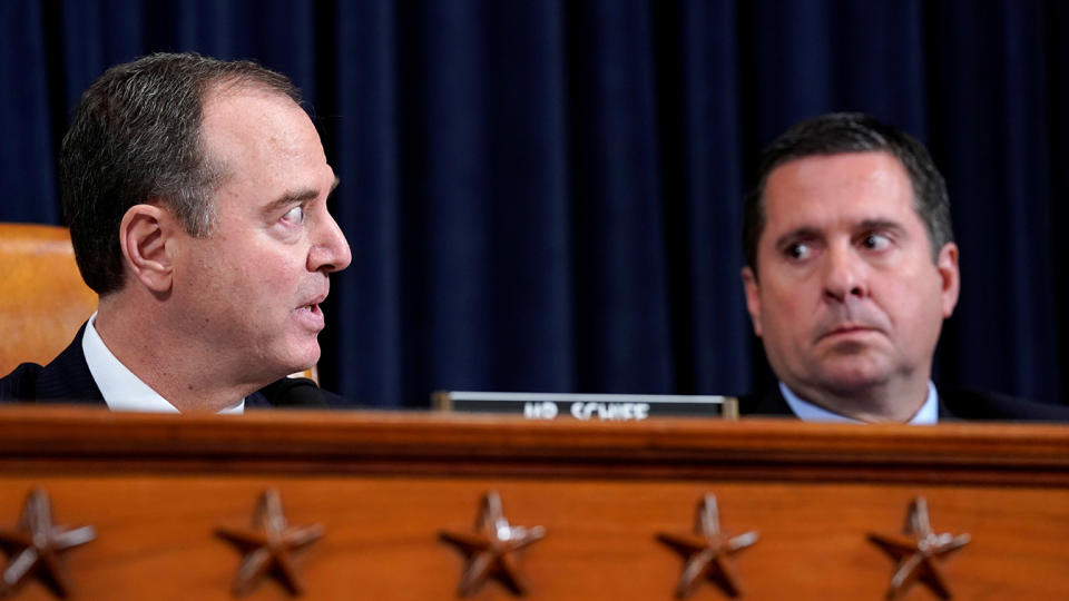 Chairman Adam Schiff (D-CA) and committee member Devis Nunes (R-CA) appear at a House Intelligence Committee impeachment inquiry hearing into U.S. President Donald Trump on Capitol Hill in Washington, U.S., November 13, 2019. (Photo: Jonathan Ernst/Reuters)