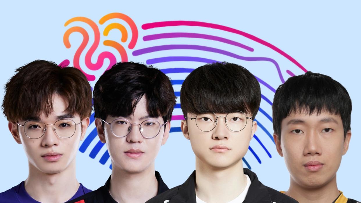 Some of the biggest names in LoL Esports and in Asia are competing in the 19th Asian Games in Hangzhou. Pictured (From left): Doggo, Jiejie, Faker, Kiaya. (Photo: Ultra Prime, EDG, T1, GAM Esports, Hangzhou Asian Games Organising Committee)