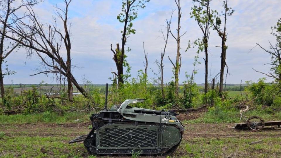 This photo, circulated on Russian Telegram channels in May 2024, purports to show a THeMIS unmanned ground vehicle captured by Russian forces in Ukraine. (Telegram)