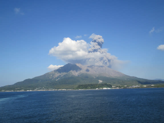 Sakurajima Peninsula seen from a ferry boat from Kagoshima City, Japan.