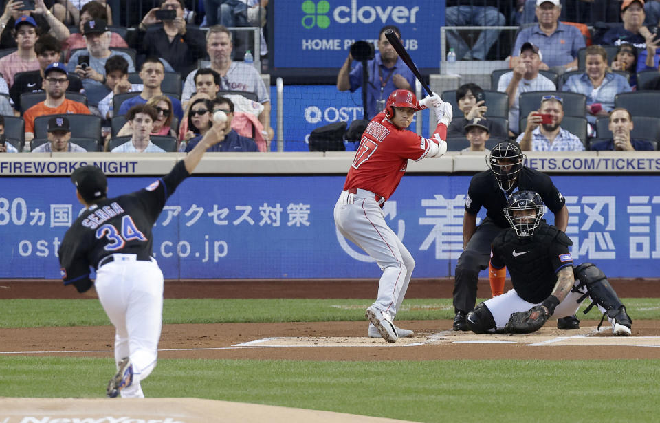 Shohei Ohtani of the Los Angeles Angels bats against Kodai Senga of the New York Mets during the first inning at Citi Field on August 25, 2023, in New York. / Credit: / Getty Images