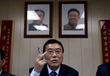 Ri Hung Sik, Ambassador at-large of the North Korean Foreign Ministry gestures as he speaks to reporters during a news conference at the North Korean Mission to the United Nations in New York, November 17, 2015. REUTERS/Mike Segar