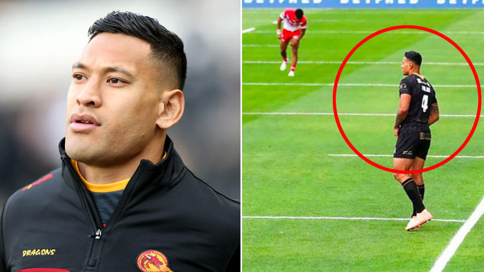 Pictured here, Israel Folau standing before kick-off in contrast to his Catalans teammates.