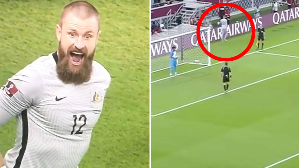 Pictured right, Socceroos goalkeeper Andrew Redmayne appears to toss the rival Peruvian goalkeeper's water bottle awaw.